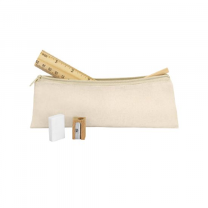 Set composé d'une trousse en coton, crayon et taille-crayon en bois, gomme et règle pour la rentrée des classes